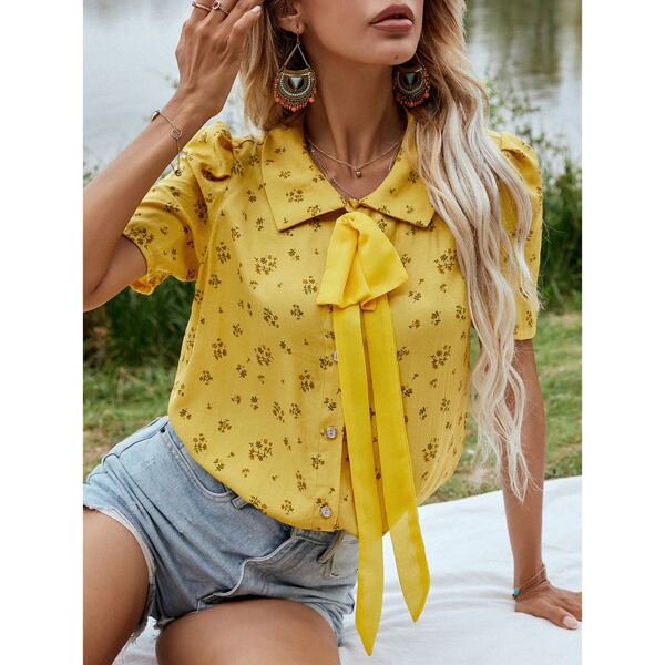 

Ditsy Floral Puff Sleeve Button Front Blouse, Yellow