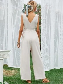 Solid V Back Wide Leg Jumpsuit - Beige - View 2