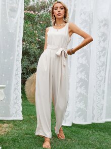 Solid V Back Wide Leg Jumpsuit - Beige - View 3
