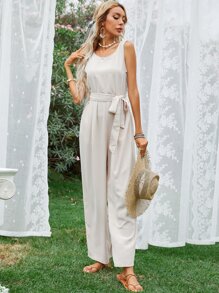 Solid V Back Wide Leg Jumpsuit - Beige - View 5