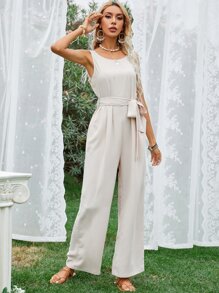 Solid V Back Wide Leg Jumpsuit - Beige - View 6
