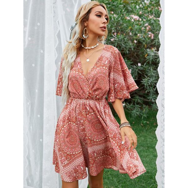 

Floral Print Wrap A-line Dress, Redwood