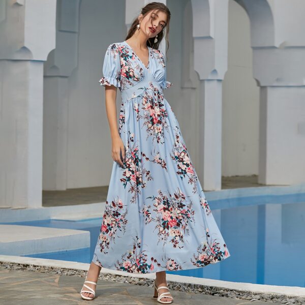 

Allover Floral Print Flounce Sleeve Dress, Blue
