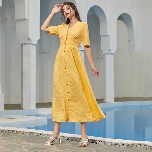 

V-neck Button Front A-line Dress, Yellow