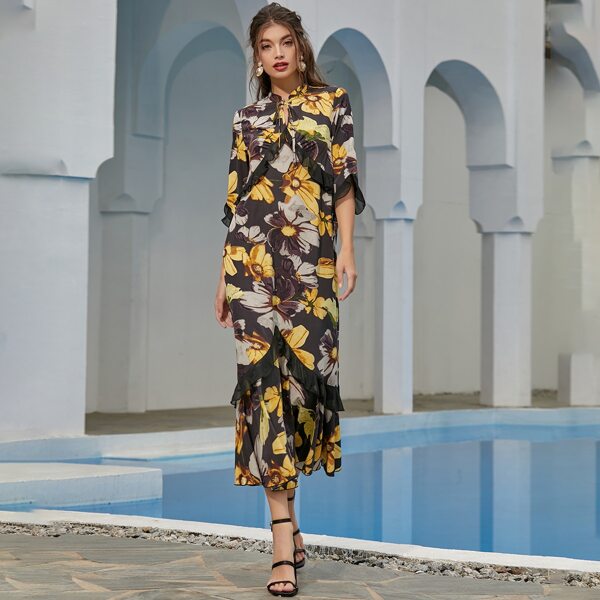 

Allover Floral Tie Neck Dress, Multicolor