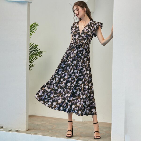 

Floral Flutter Sleeve Belted A-line Dress, Black