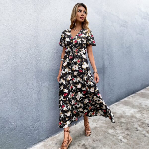 

Allover Floral Drawstring Waist Ruffle Hem Dress, Multicolor