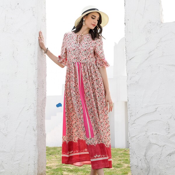 

Платье с цветочным принтом с воротником-бантом с рукавами-воланами, Многоцветный