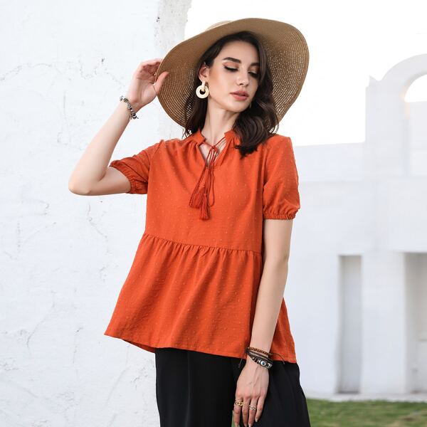 

Swiss Dot Tie Neck Babydoll Blouse, Burnt orange