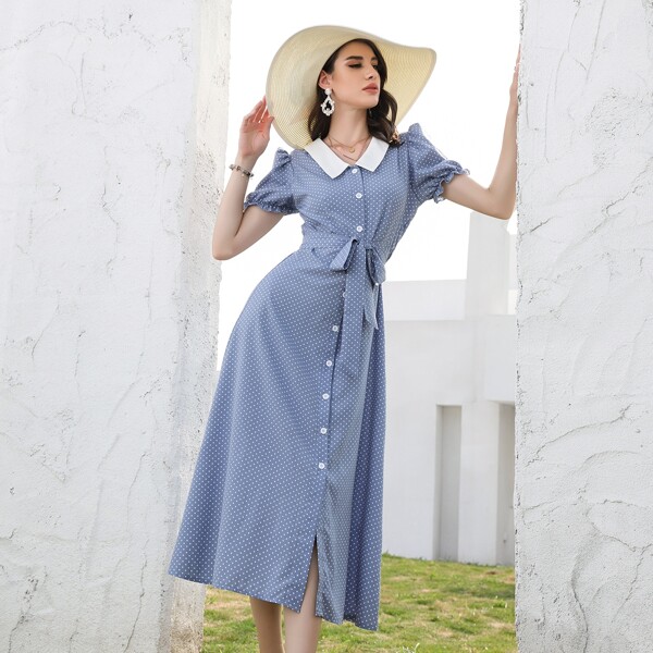 

Contrast Collar Polka Dot Belted Shirt Dress, Baby blue