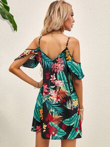 SHEIN VCAY Tropical Print Cold Shoulder Dress - Multicolor - View 2
