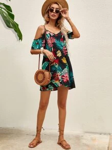 SHEIN VCAY Tropical Print Cold Shoulder Dress - Multicolor - View 4