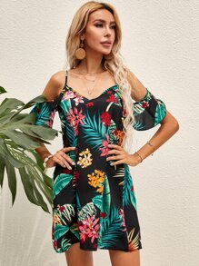 SHEIN VCAY Tropical Print Cold Shoulder Dress - Multicolor - View 5