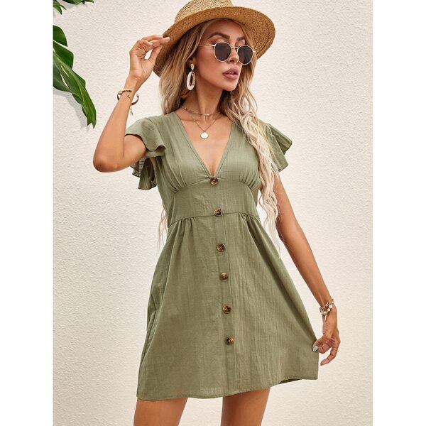

Button Front Ruffle Cuff A-line Dress, Army green