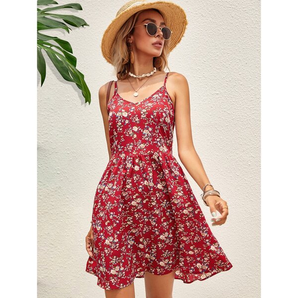 

Allover Floral Shirred Cami Dress, Red