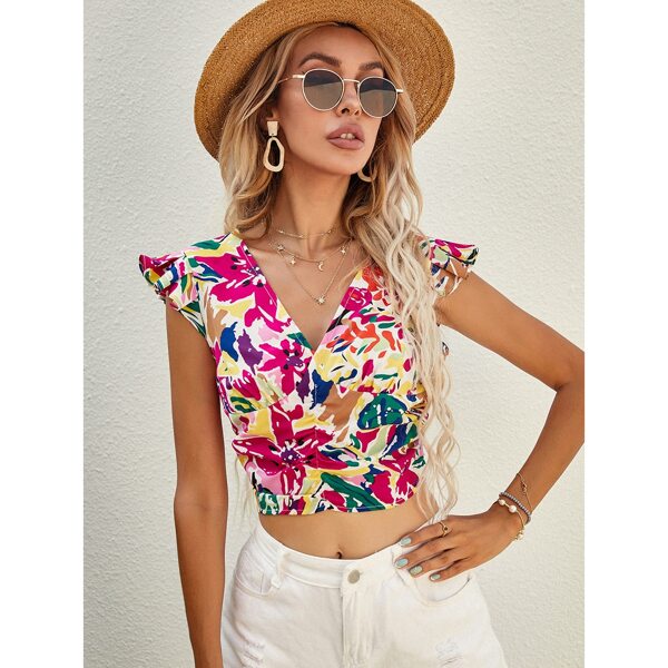 

Allover Floral Print Crop Blouse, Multicolor