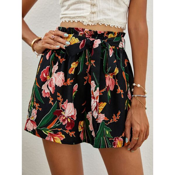 

Floral Paperbag Waist Wide Leg Shorts, Multicolor