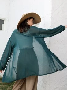 Sheer Chiffon Drop Shoulder Coat - Dark Green - View 1