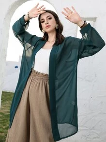 Sheer Chiffon Drop Shoulder Coat - Dark Green - View 3