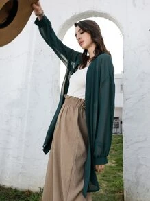 Sheer Chiffon Drop Shoulder Coat - Dark Green - View 5