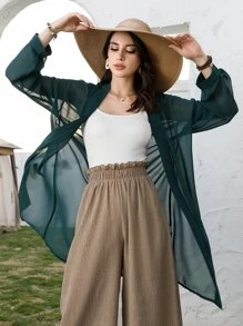 Sheer Chiffon Drop Shoulder Coat - Dark Green - View 6