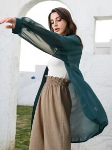 Sheer Chiffon Drop Shoulder Coat - Dark Green - View 7