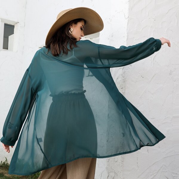 

Sheer Chiffon Drop Shoulder Coat, Dark green