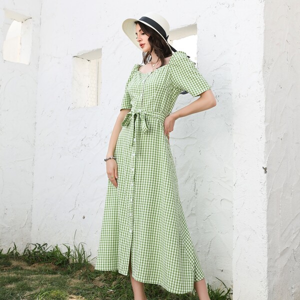 

Gingham Square Neck Button Front Belted Dress, Mint green