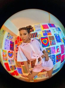 Striped Color Block Crop Shirt - Baby Pink - View 1