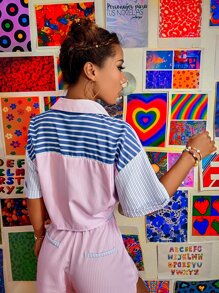 Striped Color Block Crop Shirt - Baby Pink - View 2