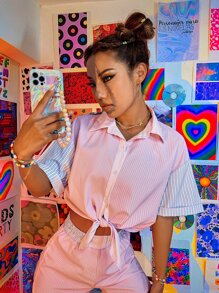Striped Color Block Crop Shirt - Baby Pink - View 3