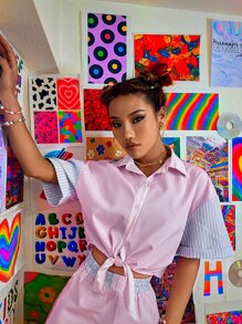 Striped Color Block Crop Shirt - Baby Pink - View 4