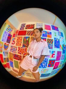 Striped Color Block Crop Shirt - Baby Pink - View 5