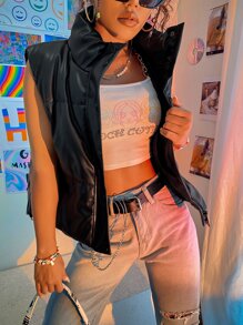 Aveloria Zip Up PU Puffer Gilet - Black - View 5