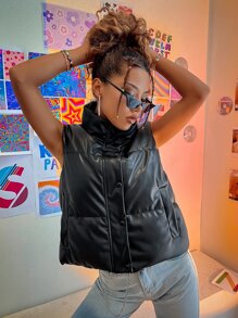 Aveloria Zip Up PU Puffer Gilet - Black - View 6