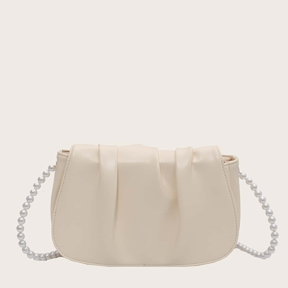 

Faux Pearl Strap Ruched Bag, Beige