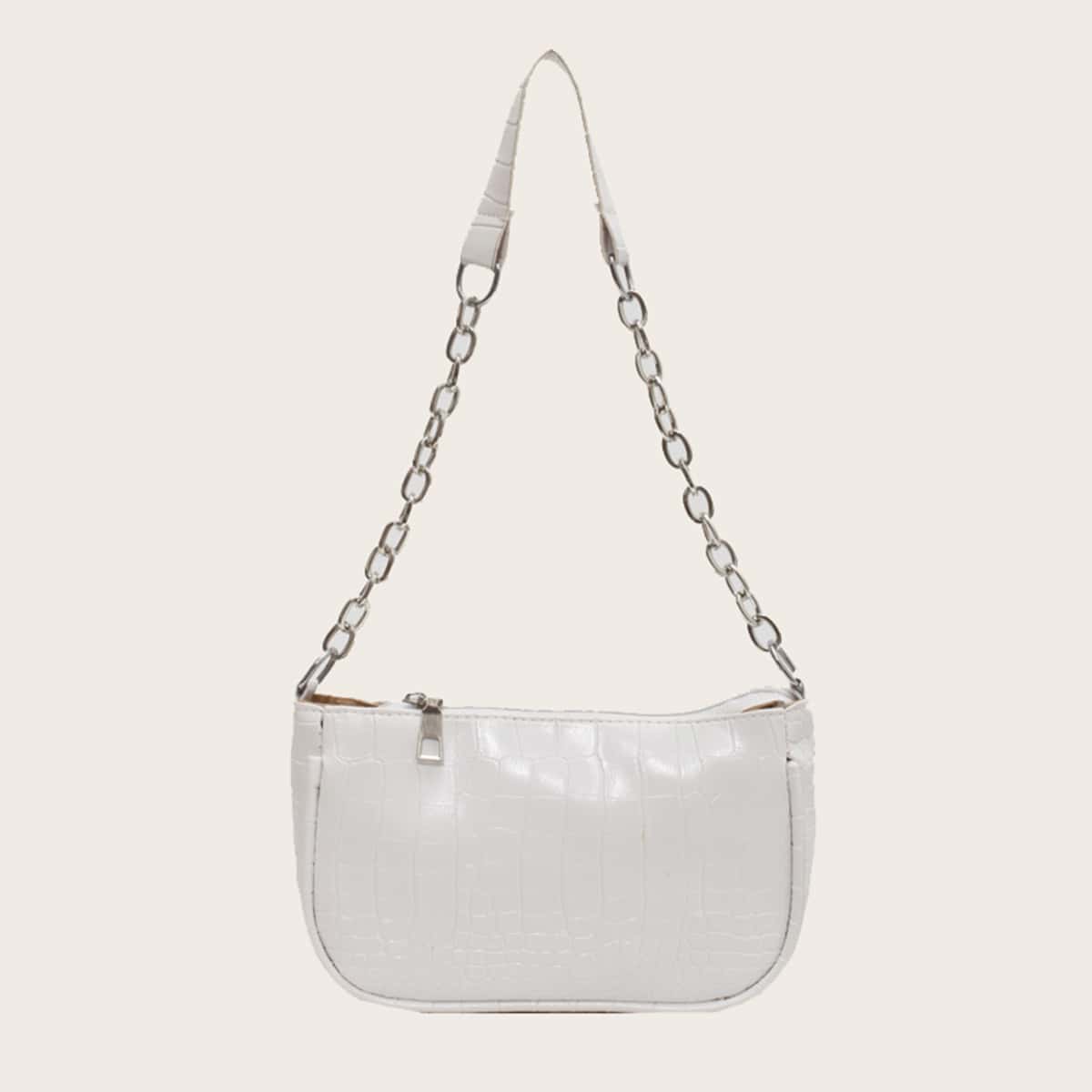 

Croc Embossed Chain Baguette Bag, White