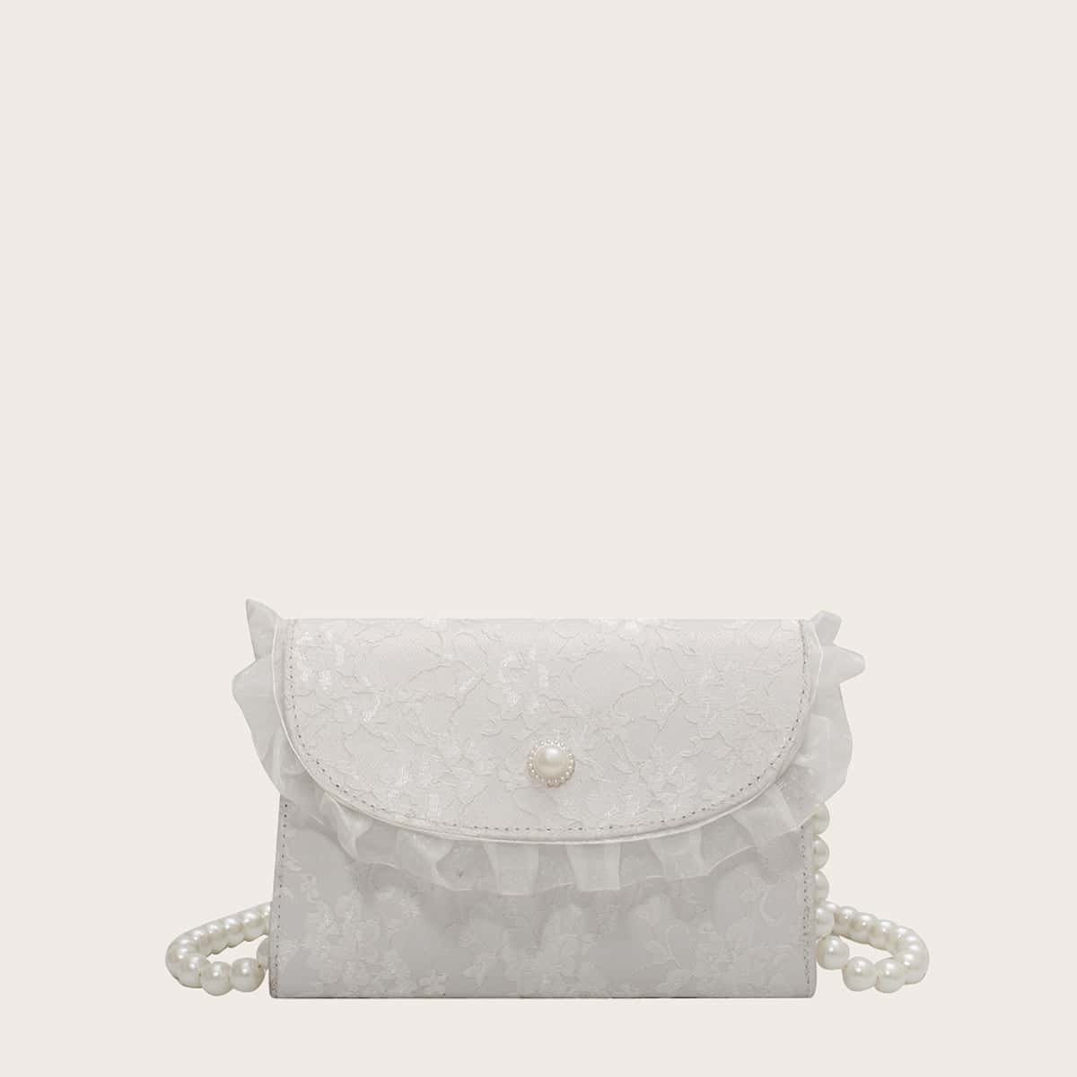 

Floral Lace Ruffle Trim Crossbody Bag, White