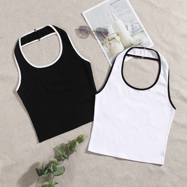 

2pcs Binding Crop Halter Top, Black and white