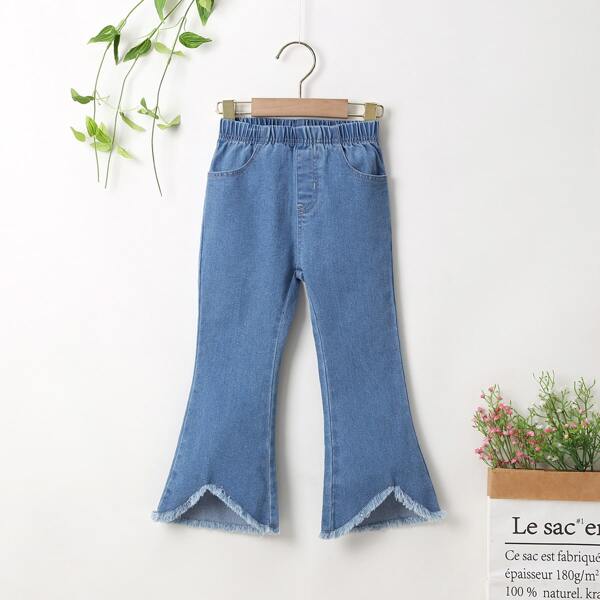 

Toddler Girls Asymmetrical Raw Hem Flare Leg Jeans, Medium wash