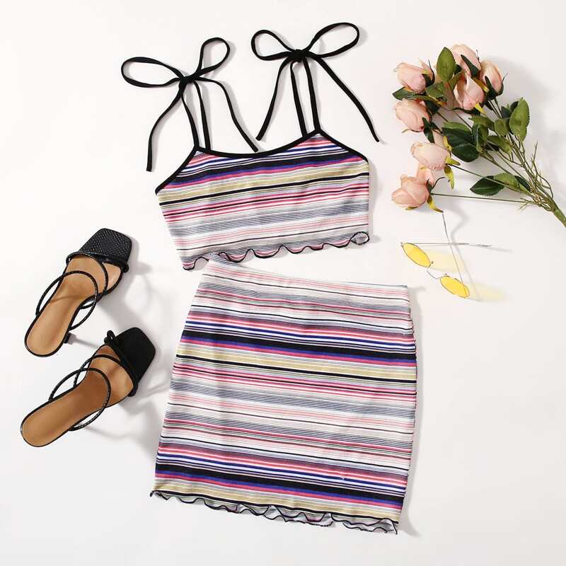 

Tie Shoulder Lettuce Trim Rainbow Striped Cami Top & Skirt Set, Multicolor