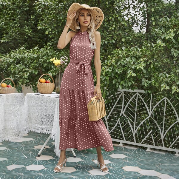 

Polka Dot Belted Flounce Hem Dress, Dusty pink