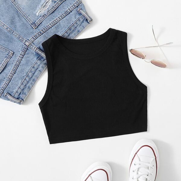 

Round Neck Rib-knit Tank Crop Top, Black
