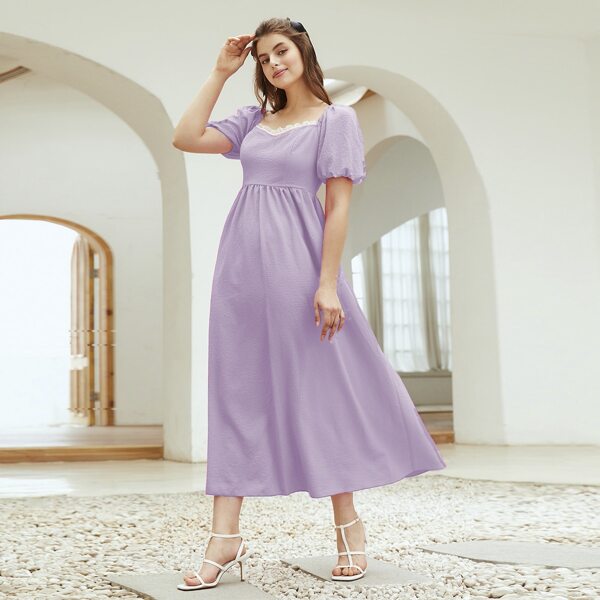 

Pearls Sweetheart Neckline Puff Sleeve A-line Dress, Mauve purple