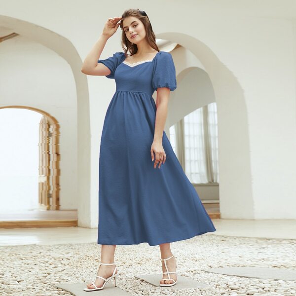 

Pearls Sweetheart Neckline Puff Sleeve A-line Dress, Blue