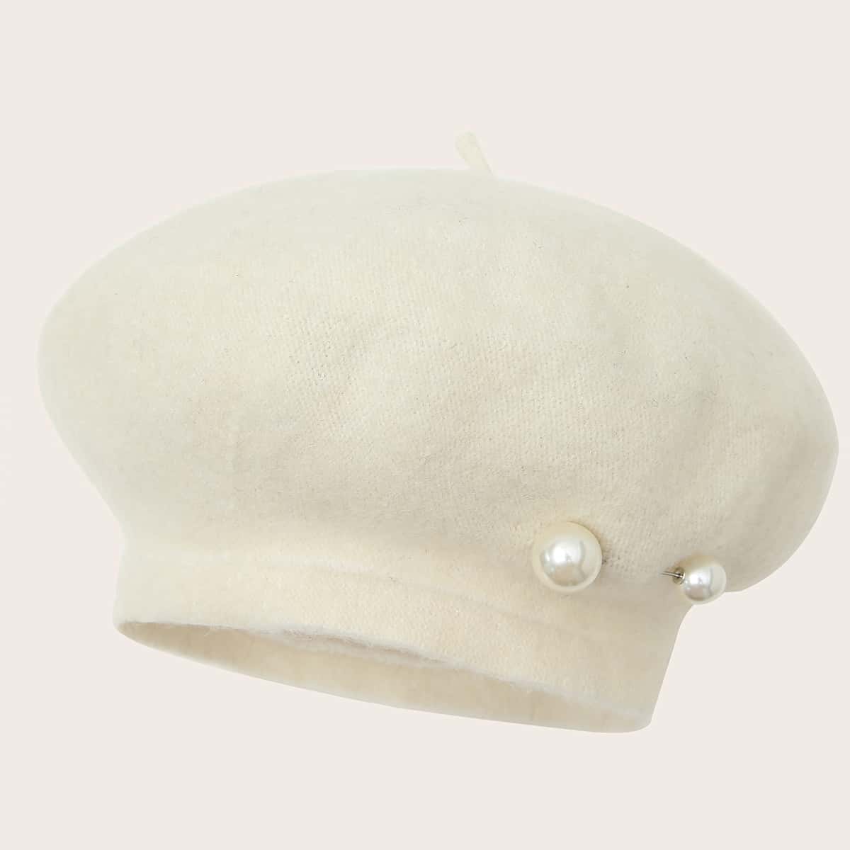 

Faux Pearl Decor Beret, White