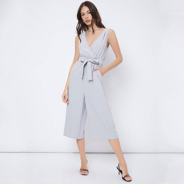 

Surplice Neck Belted Jumpsuit, Light grey