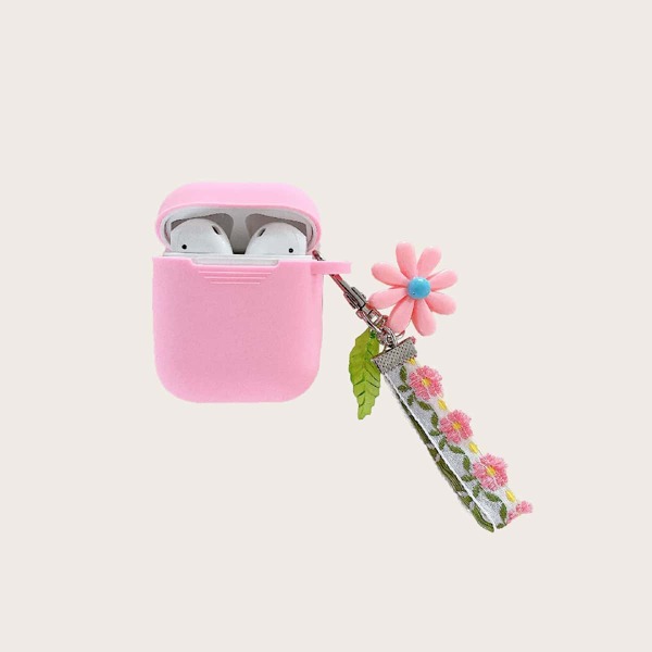 

Однотонный чехол для Airpods и брелок с цветочным рисунком, Розовые