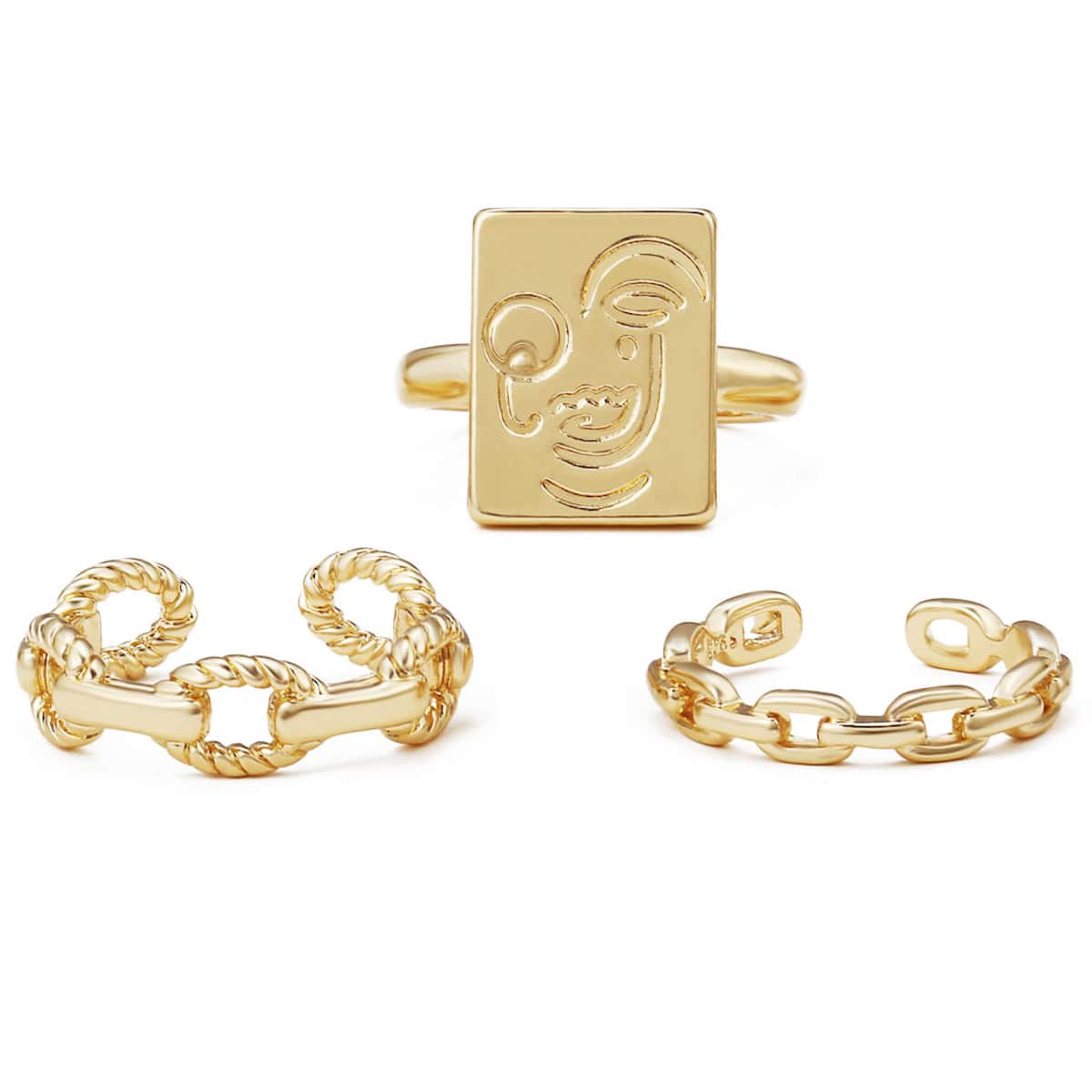 

3pcs Chain & Graphic Ring, Gold