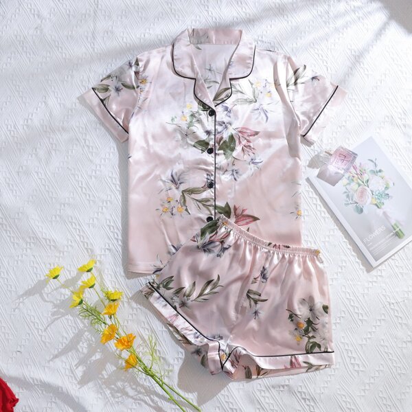 

Floral Print Satin Night Set, Baby pink